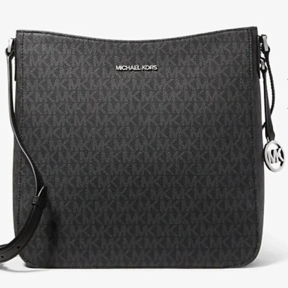 NWT MICHAEL KORS Black Monogram Leather Jet Set Travel Messenger Bag Purse